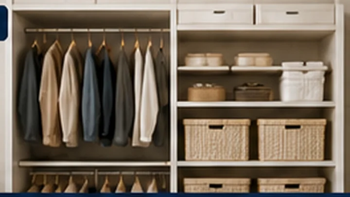 Guarda-roupa pequeno organizado com roupas em cabides, prateleiras e cestos