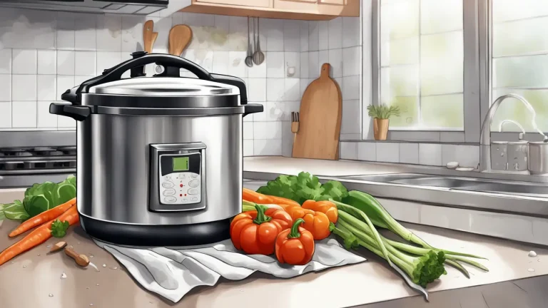 Cena de cozinha com panela de pressão em aço inoxidável com a tampa aberta e vapor saindo, no fogão moderno com vegetais espalhados e um gato assustado ao fundo.