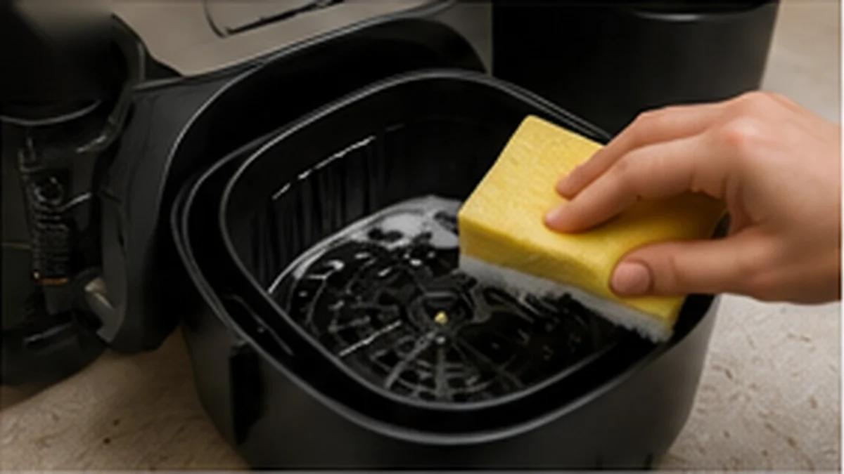 Cesto de air fryer sendo limpo com esponja macia