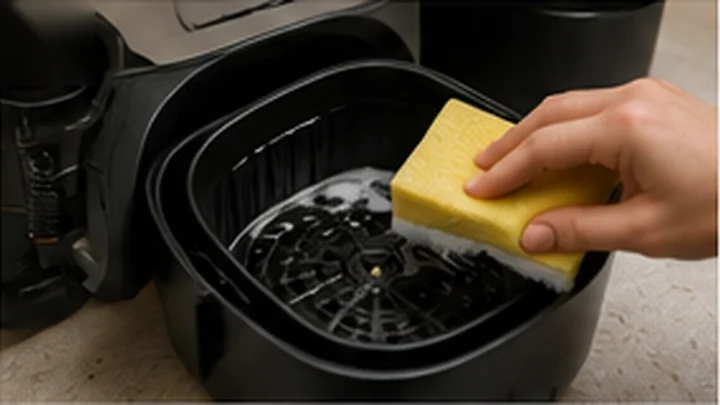 Cesto de air fryer sendo limpo com esponja macia