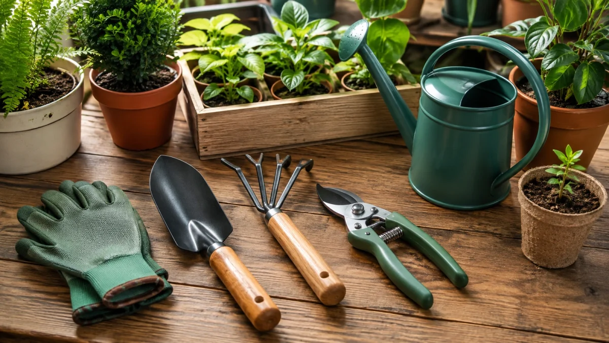 Imagem editorial sobre kit de jardinagem, sem texto incorporado
