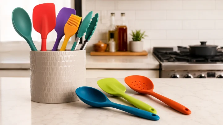 Imagem editorial sobre utensílios de silicone, sem texto incorporado