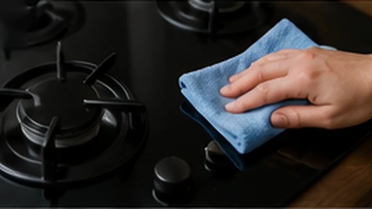 Cooktop de vidro preto sendo limpo com pano de microfibra
