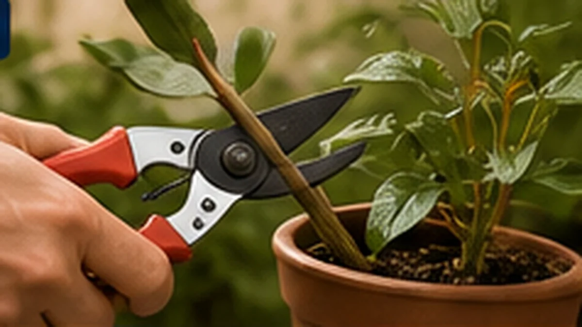 Tesoura de poda cortando um ramo fino de planta cultivada em vaso