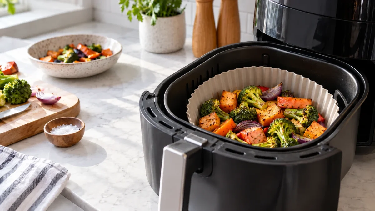 Ilustração editorial de air fryer com forma redonda de silicone dentro do cesto