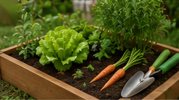 Horta doméstica em canteiro com hortaliças e ferramentas de jardinagem