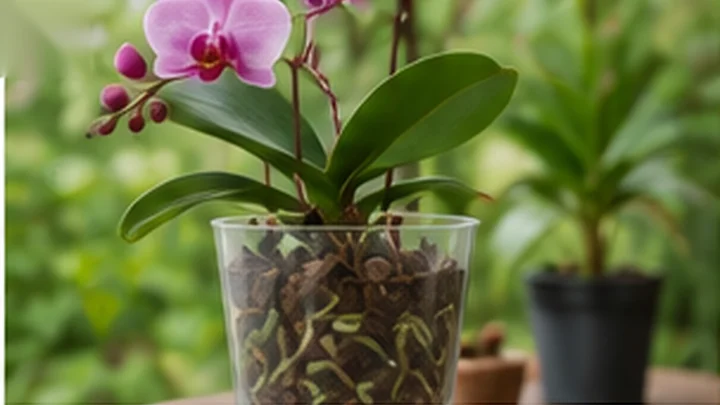Orquídea Phalaenopsis em vaso transparente com raízes visíveis